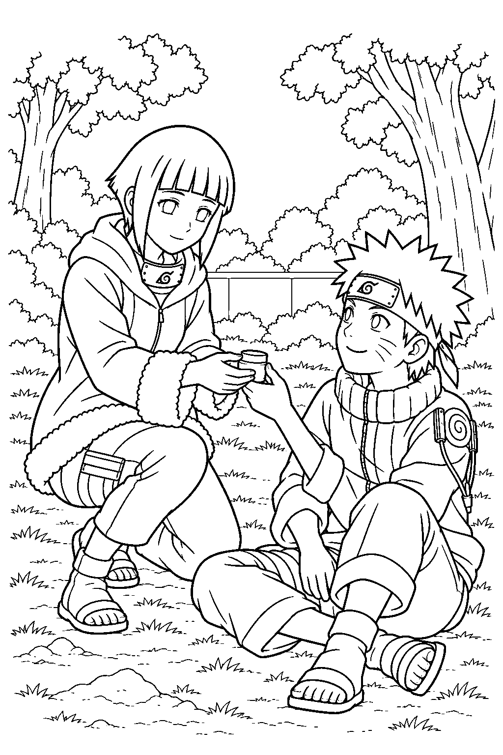 hinata hyuga offering naruto healing ointment after his fight with kiba line art