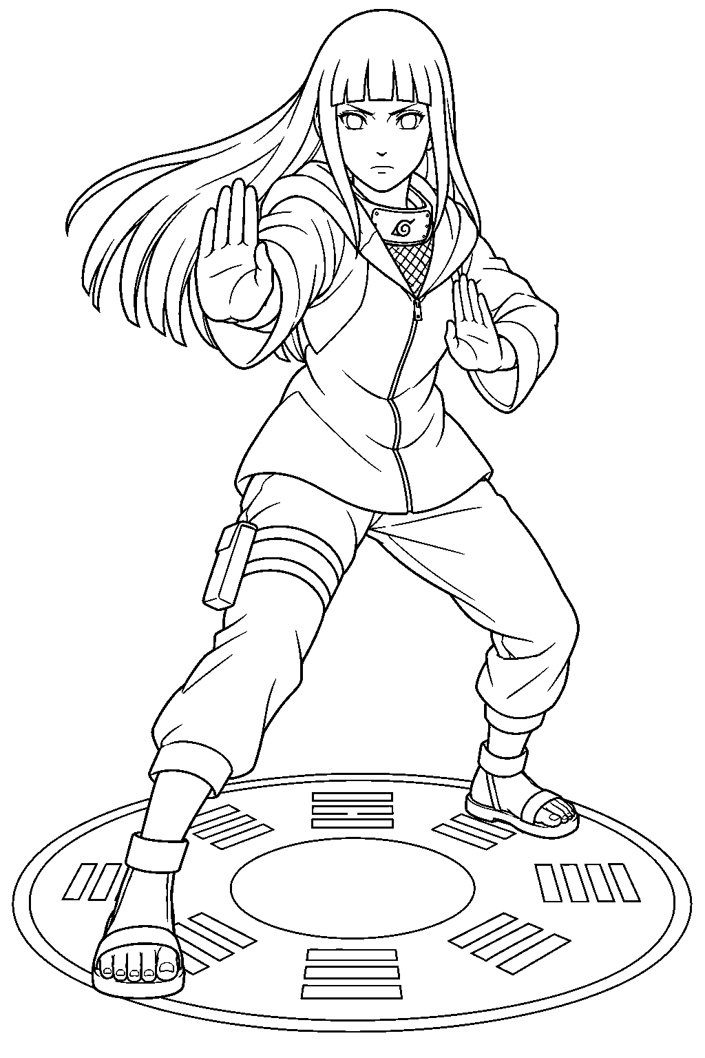 hinata hyuga performing eight trigrams sixty four palms over a trigram circle line art