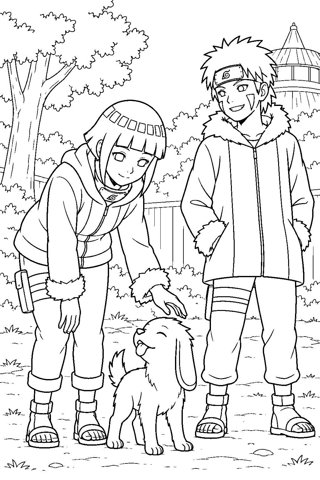 hinata hyuga petting akamaru beside kiba line art