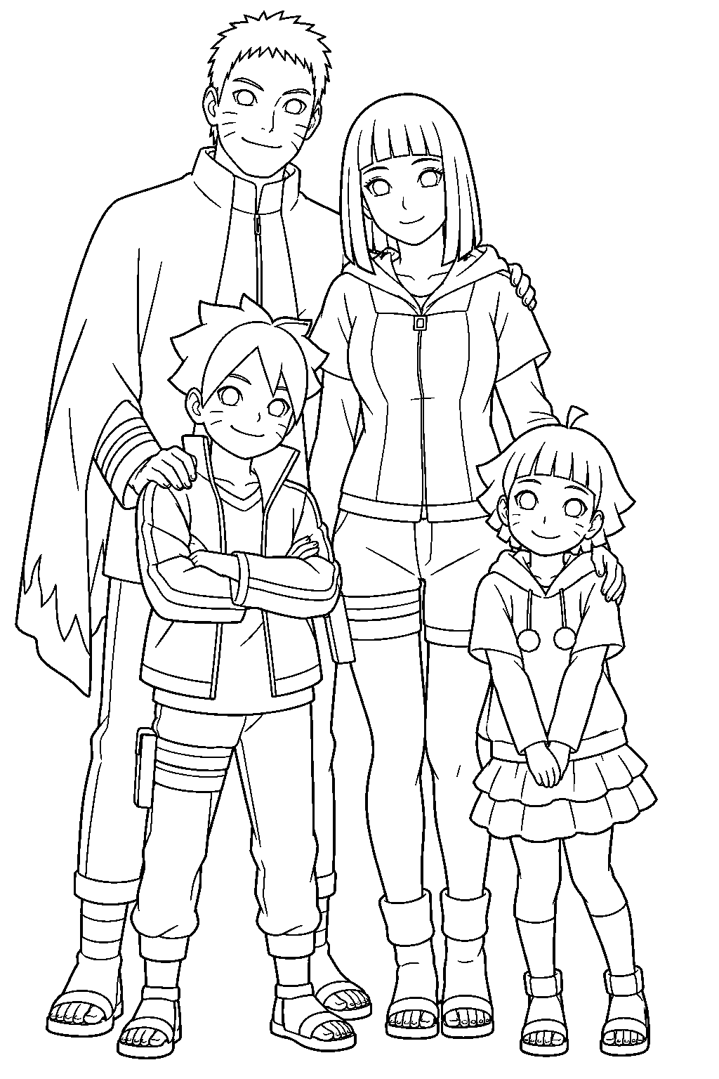 hinata hyuga posing for an uzumaki family photo with naruto boruto and himawari line art