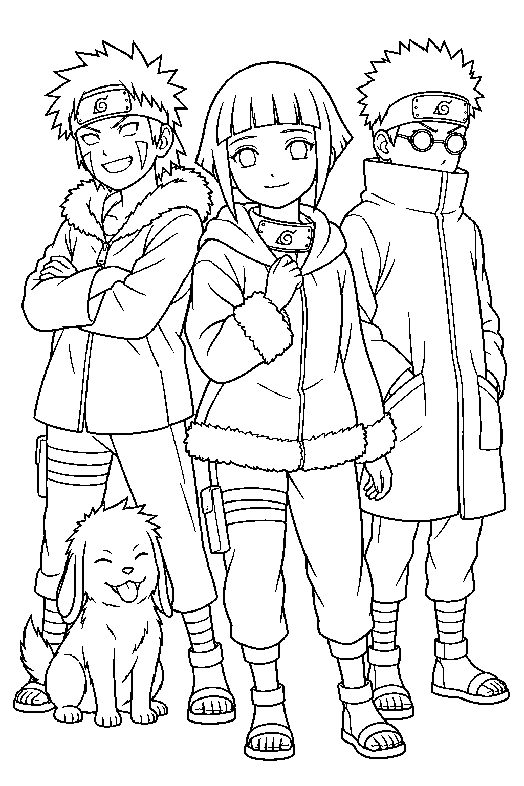 hinata hyuga posing with kiba shino and akamaru as team 8 line art