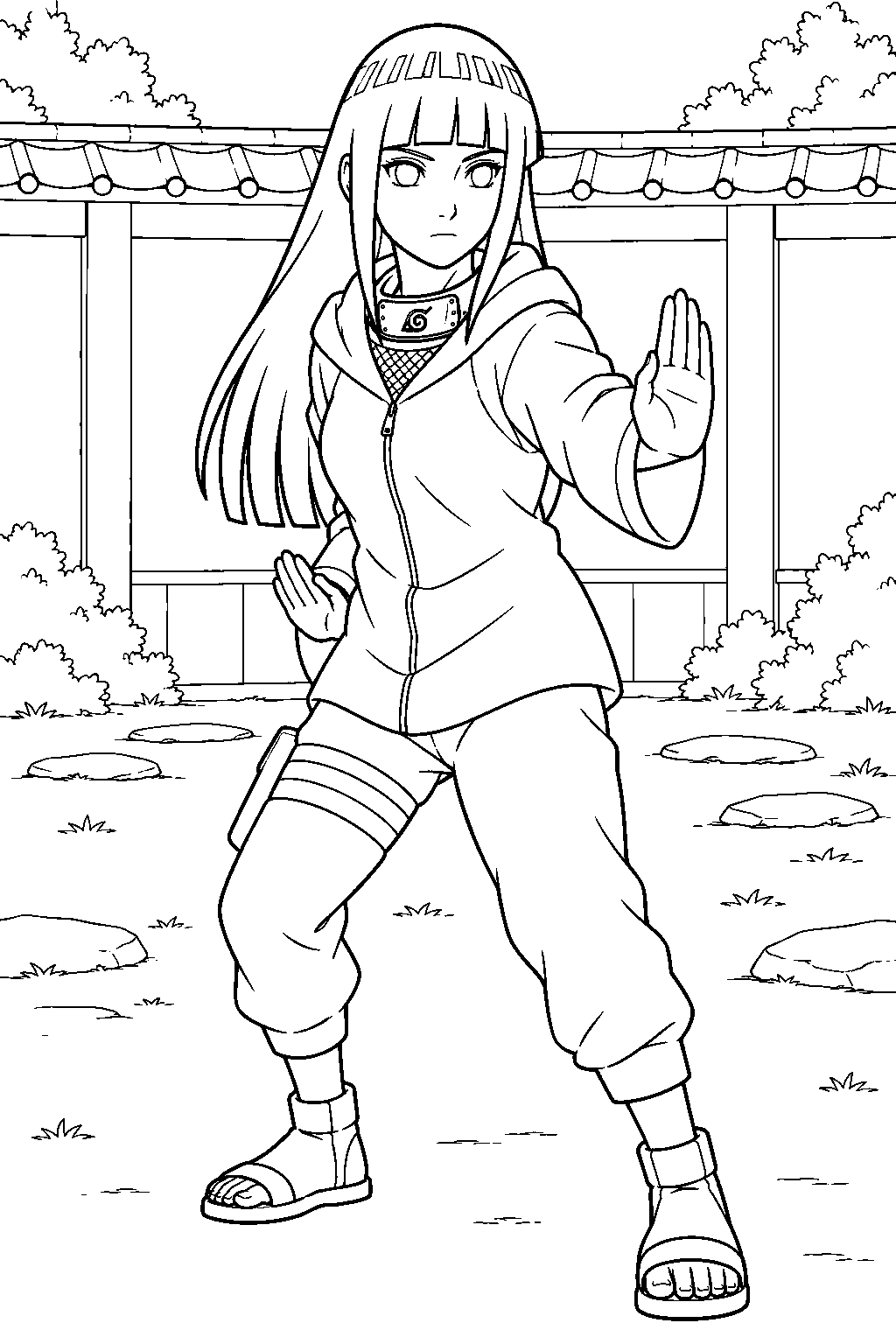 hinata hyuga practicing the gentle fist stance in the hyuga courtyard line art