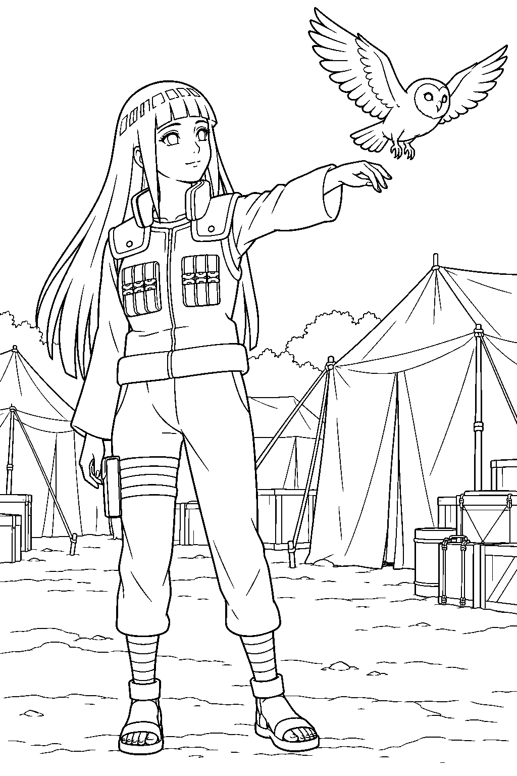 hinata hyuga releasing a messenger owl during team 8 s war mission line art