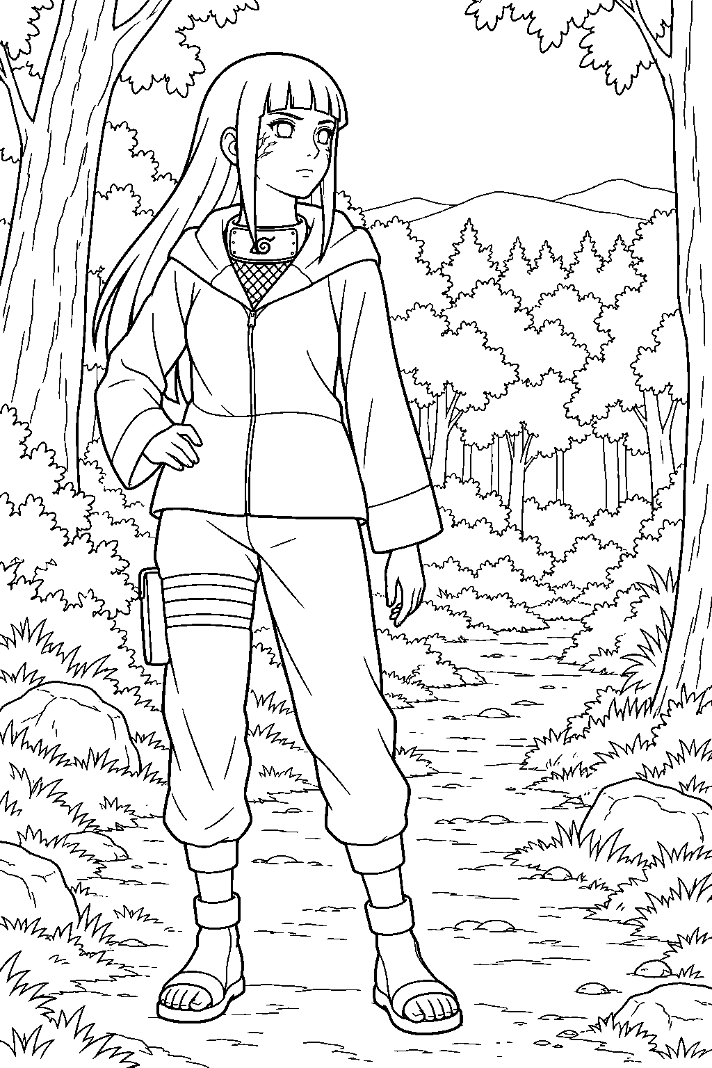 hinata hyuga scouting a forest path with her byakugan line art