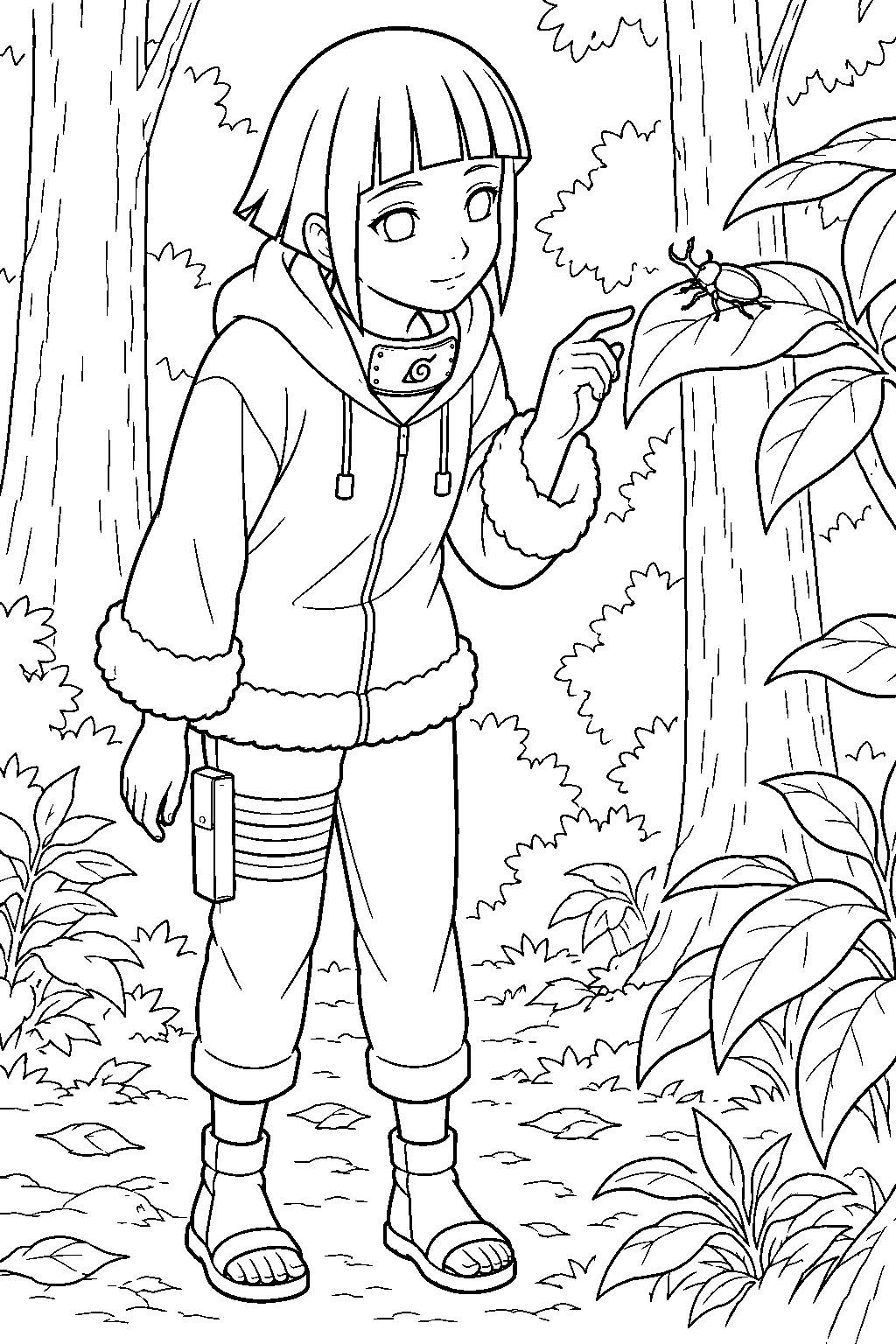hinata hyuga searching for the bikochu beetle among forest leaves line art
