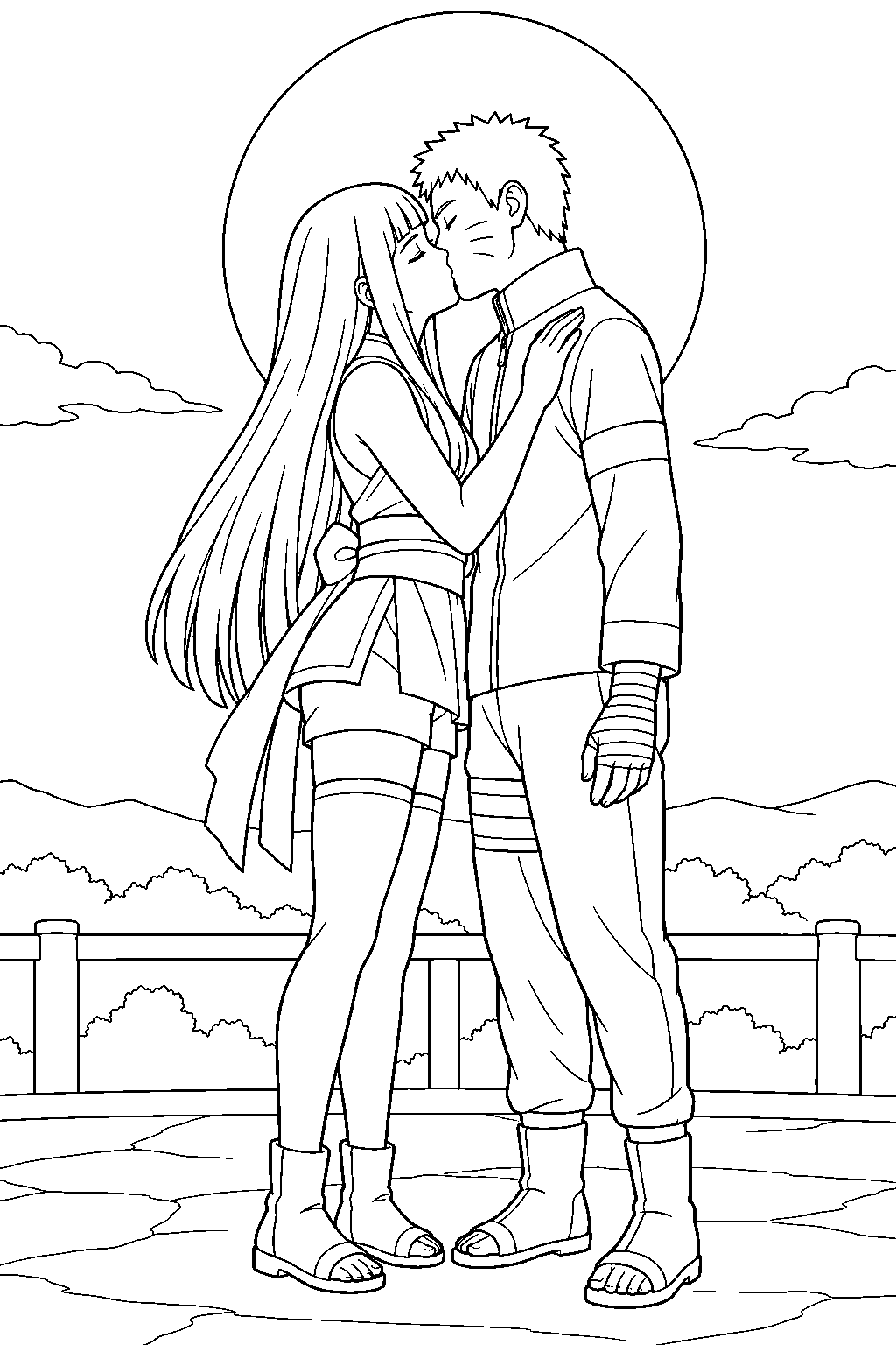 hinata hyuga sharing a kiss with naruto beneath the full moon line art