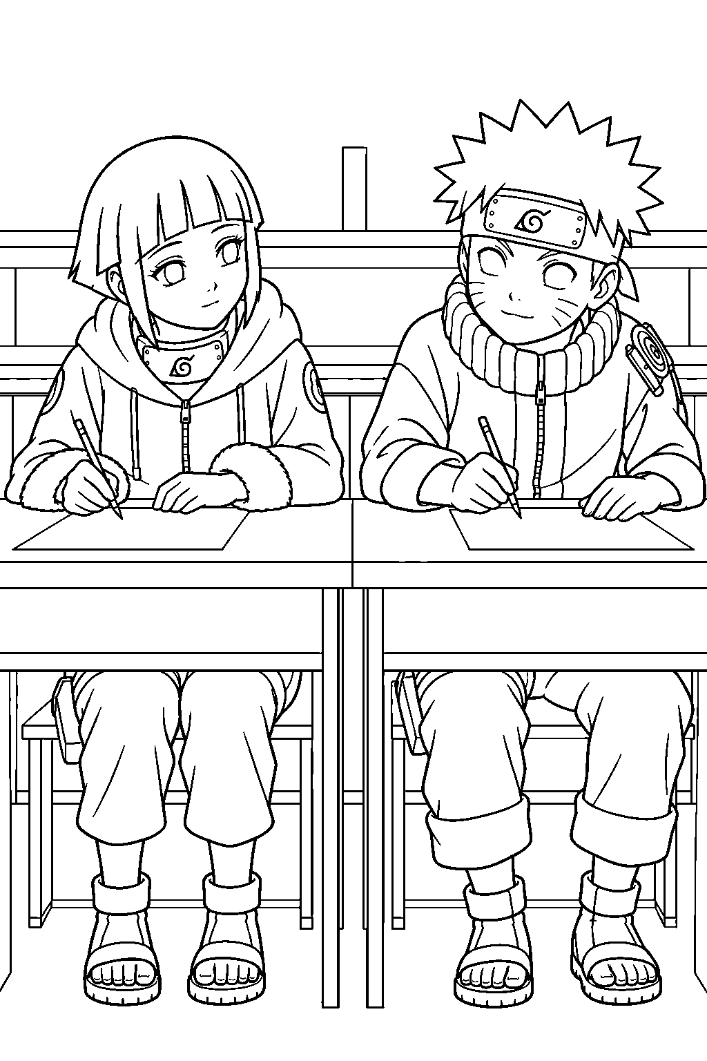 hinata hyuga sitting beside naruto during the chunin exams written test line art