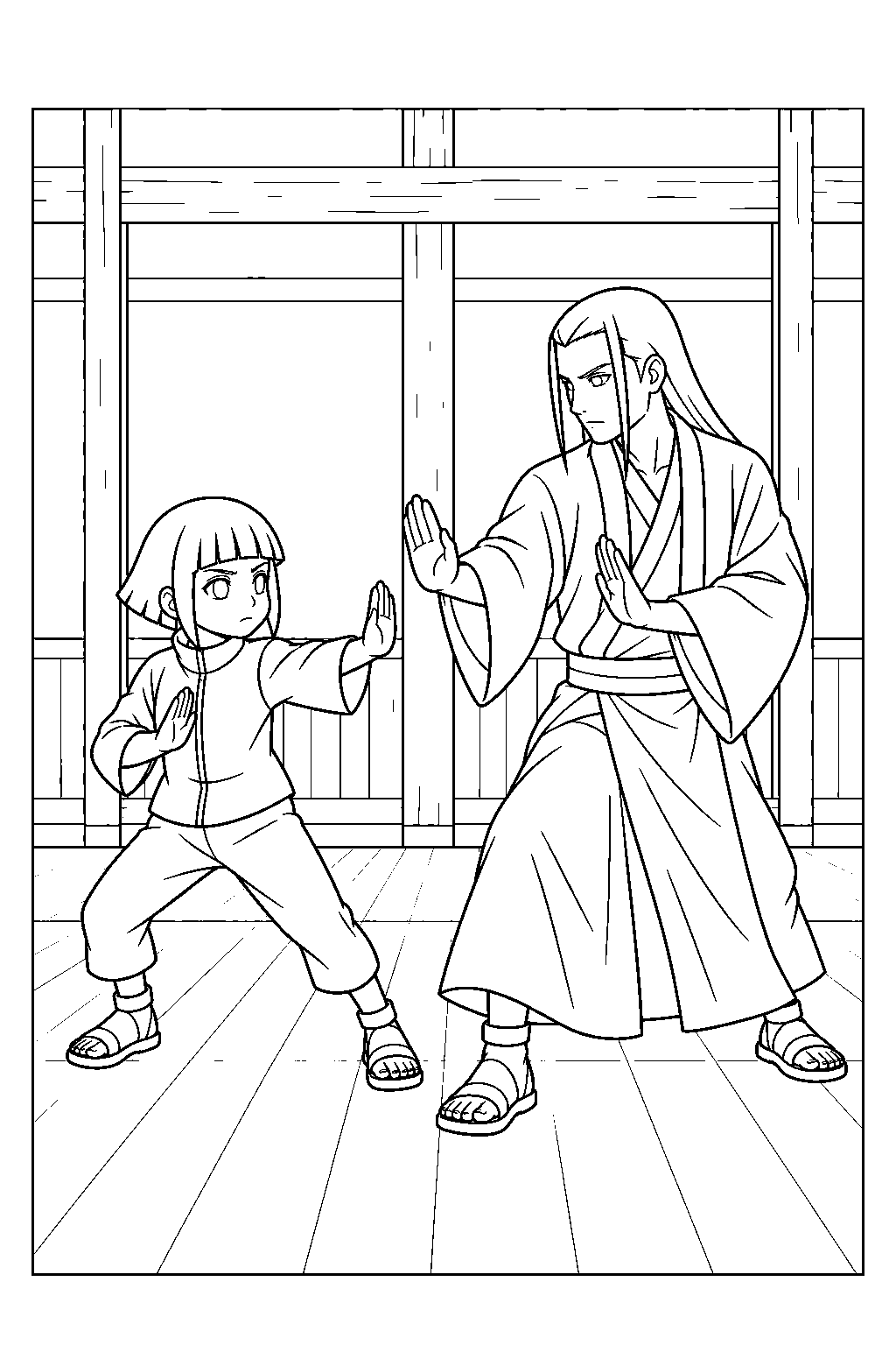 hinata hyuga sparring with hiashi hyuga at the family dojo line art