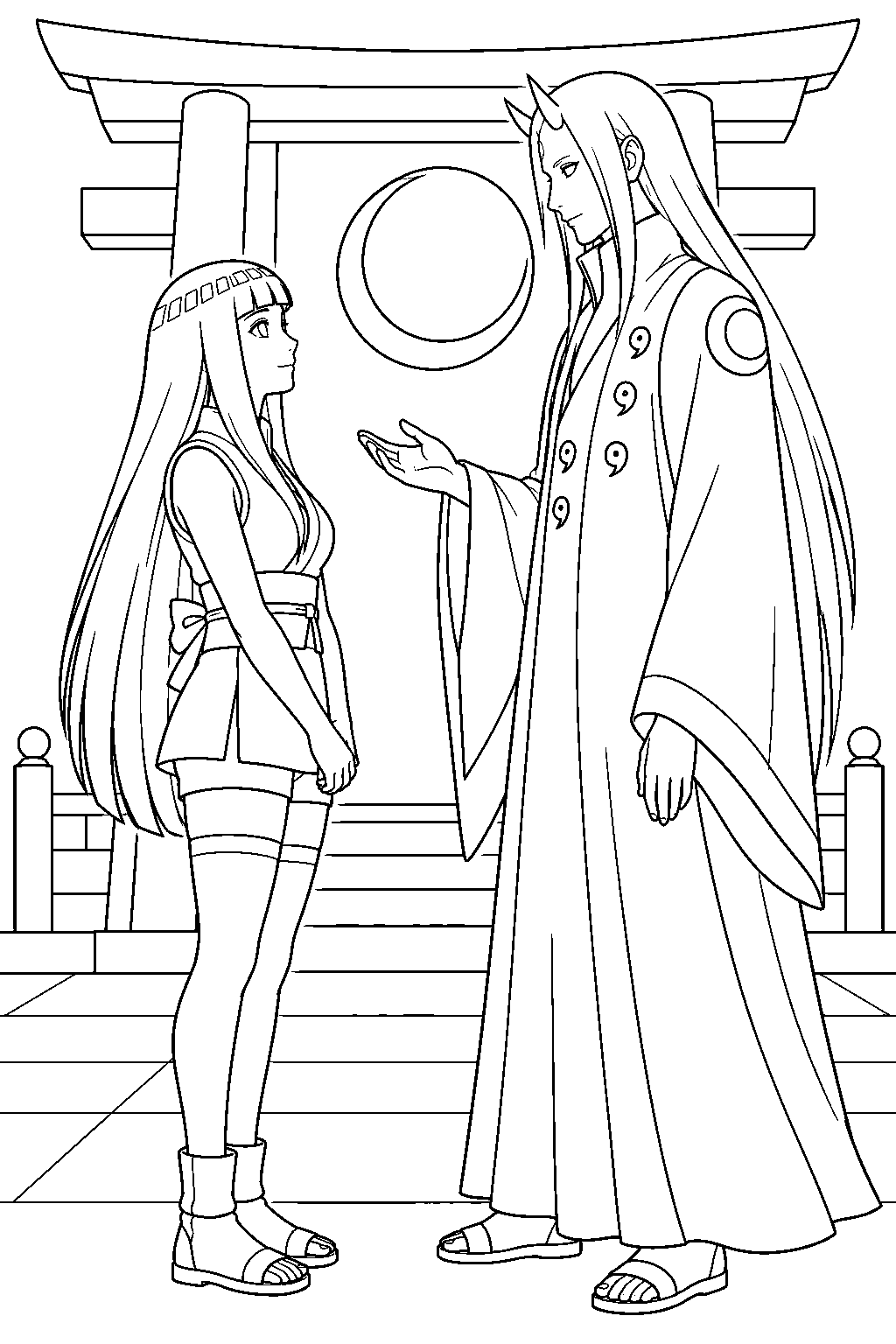 hinata hyuga speaking with hamura otsutsuki in the ancestral shrine line art