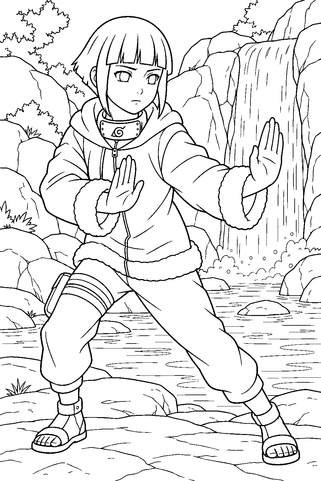 hinata hyuga training chakra control beside a waterfall in her ninja outfit line art