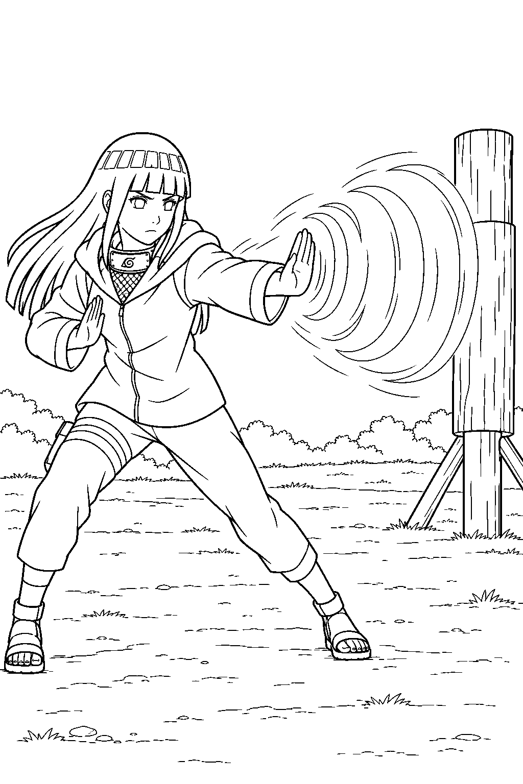 hinata hyuga using eight trigrams vacuum palm to strike a distant training target line art
