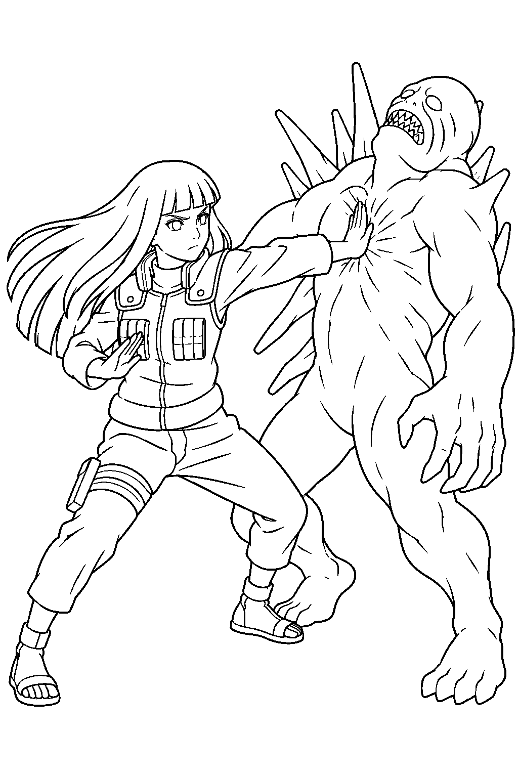 hinata hyuga using sixty four palms against a ten tails clone line art
