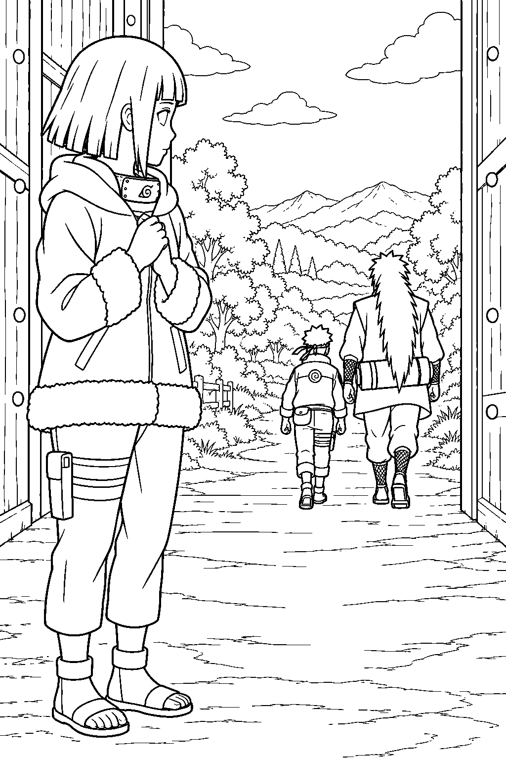 hinata hyuga watching naruto leave konoha with jiraiya line art