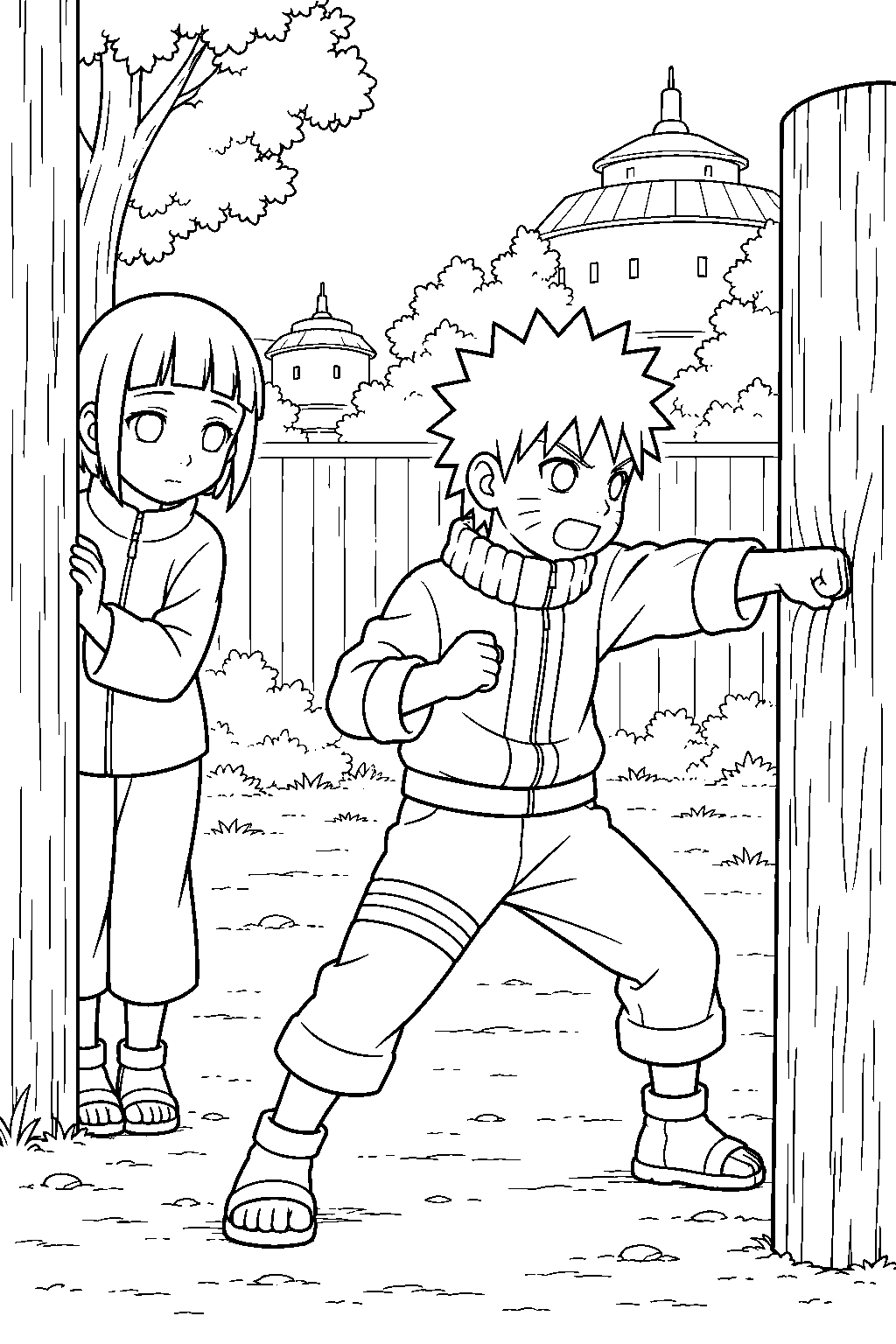 hinata hyuga watching young naruto train from behind a wooden post line art