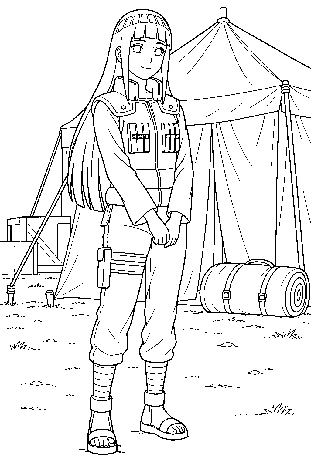 hinata hyuga wearing an allied shinobi forces flak jacket at the war camp line art