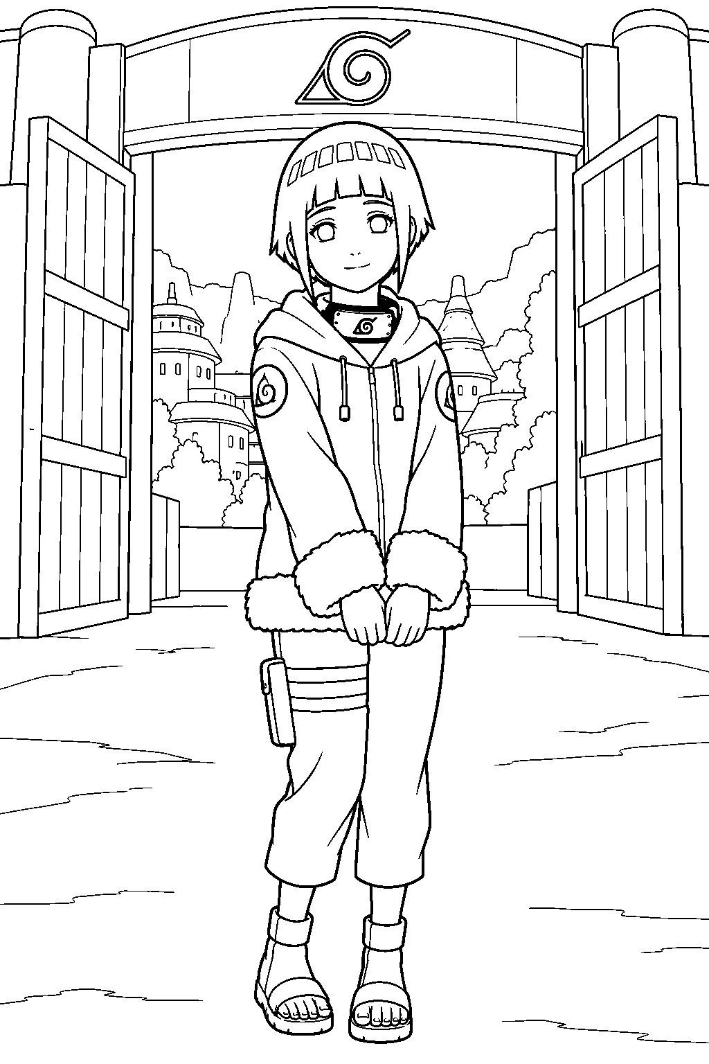 hinata hyuga wearing her original hooded jacket at the hidden leaf village gate line art