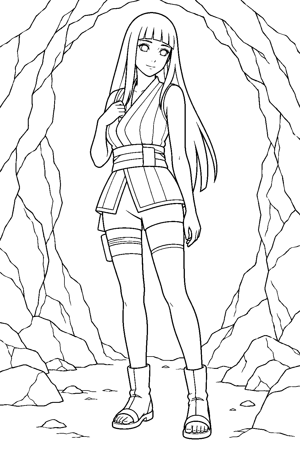 hinata hyuga wearing her the last mission outfit at a moon cave entrance line art