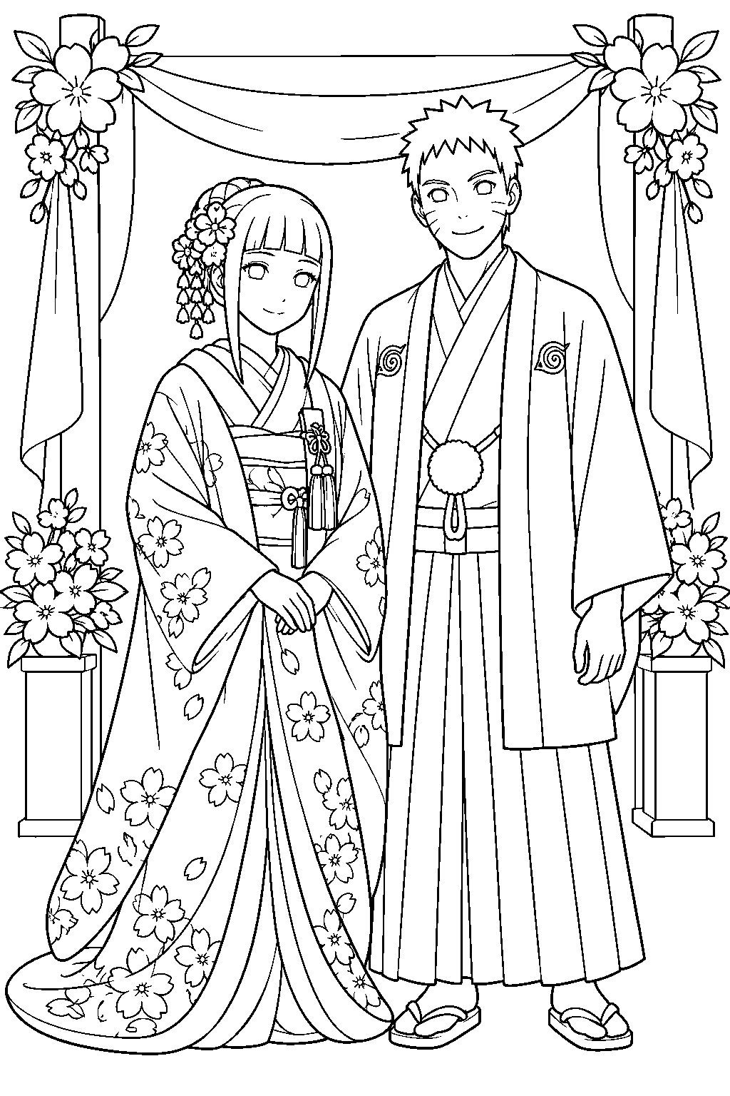 hinata hyuga wearing her wedding kimono beside naruto at their ceremony line art