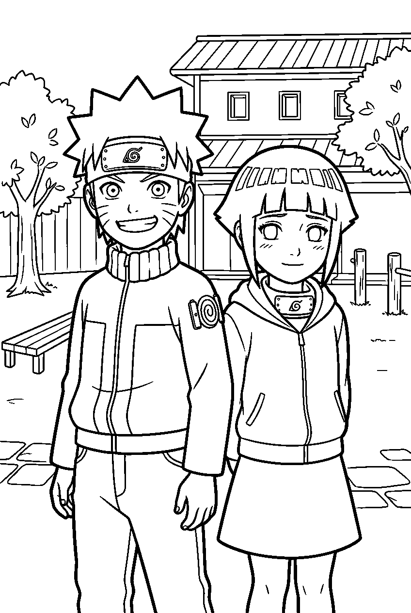 naruto hinata in academy courtyard line art