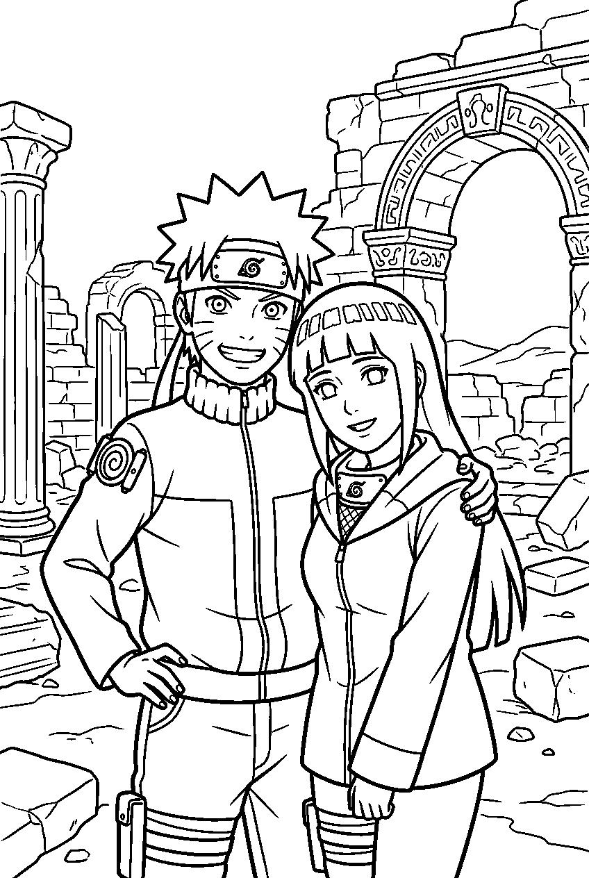 naruto hinata in ancient ruins line art