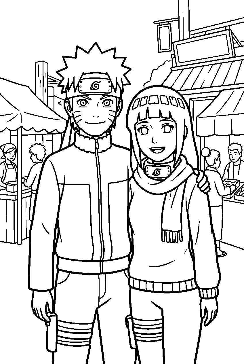 naruto hinata in village market line art