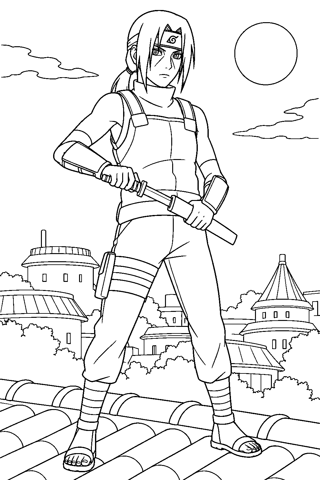 anbu itachi uchiha drawing his sword on a rooftop line art
