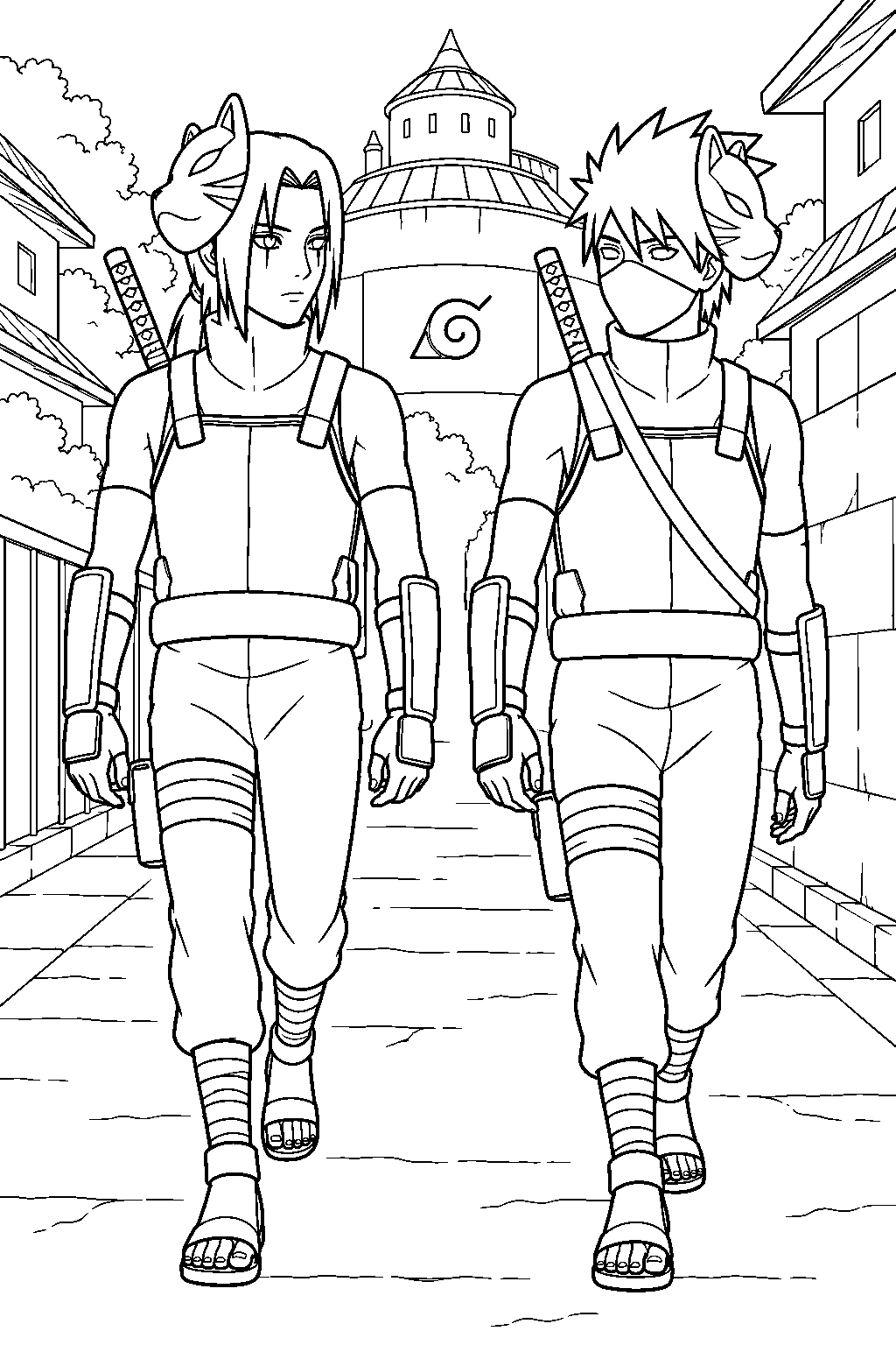 anbu itachi uchiha patrolling the hidden leaf with kakashi line art