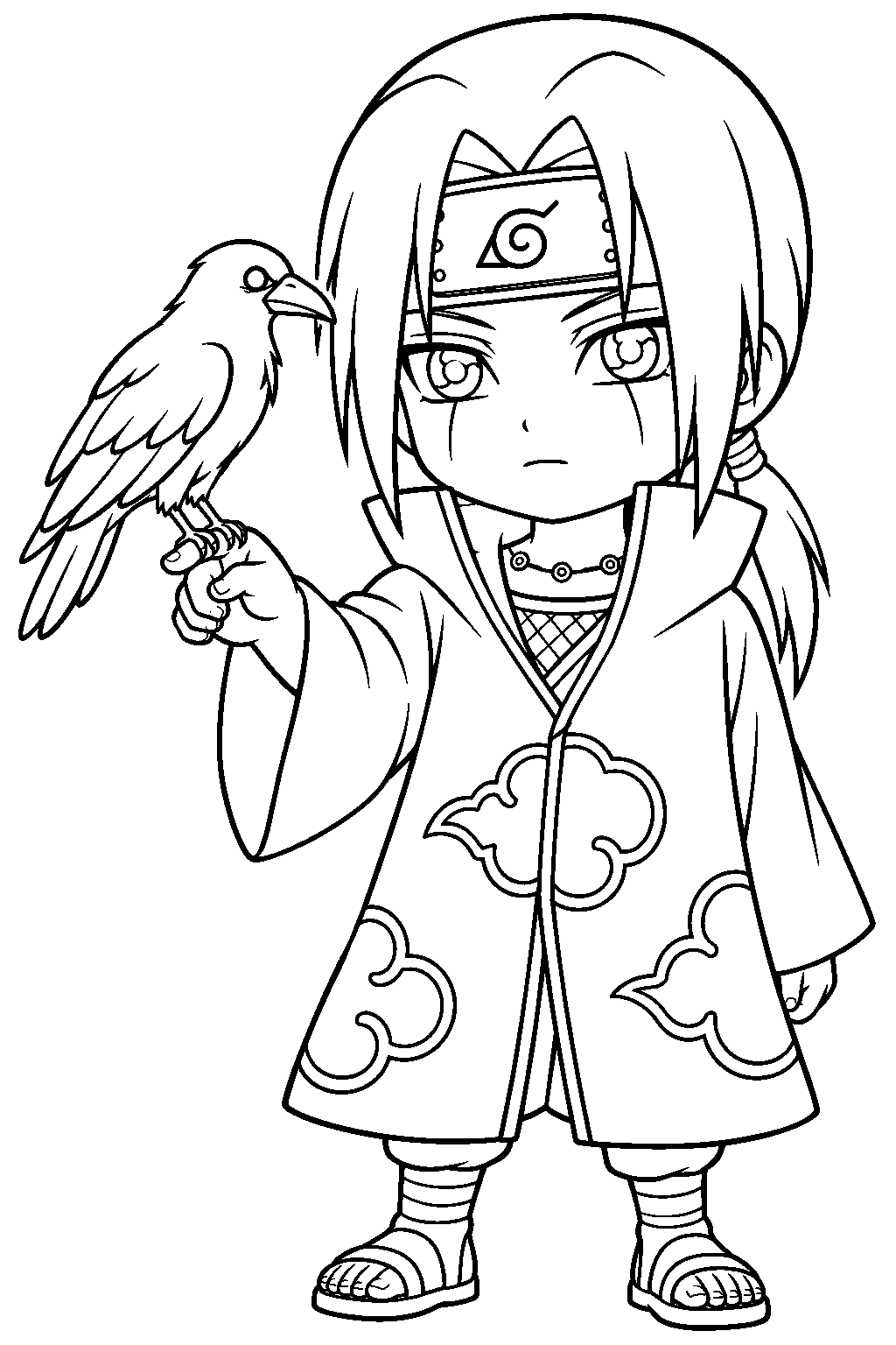 chibi itachi uchiha with a crow perched on his hand line art