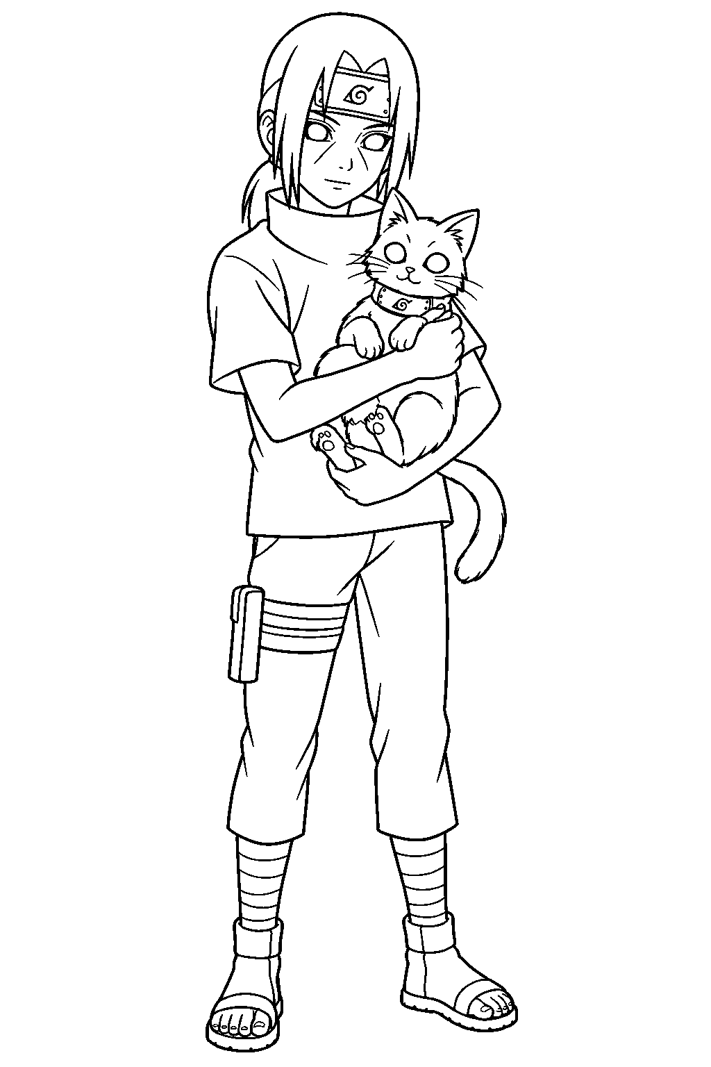 genin itachi uchiha catching a ninja cat on a team two mission line art