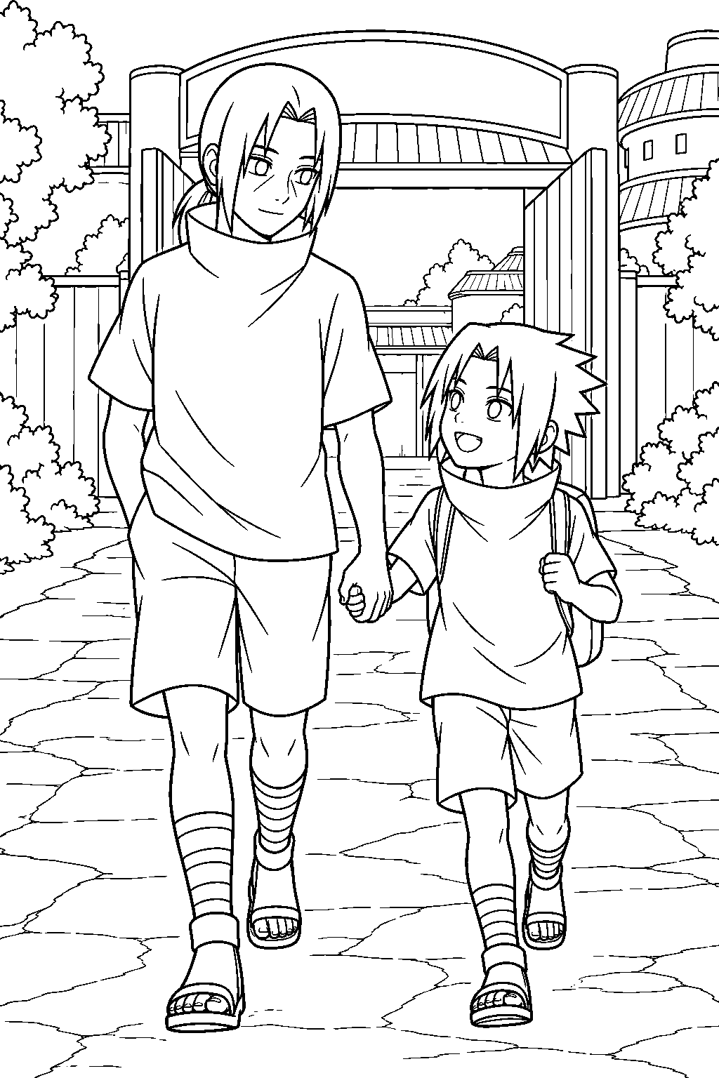 itachi uchiha accompanying sasuke to his ninja academy entrance ceremony line art