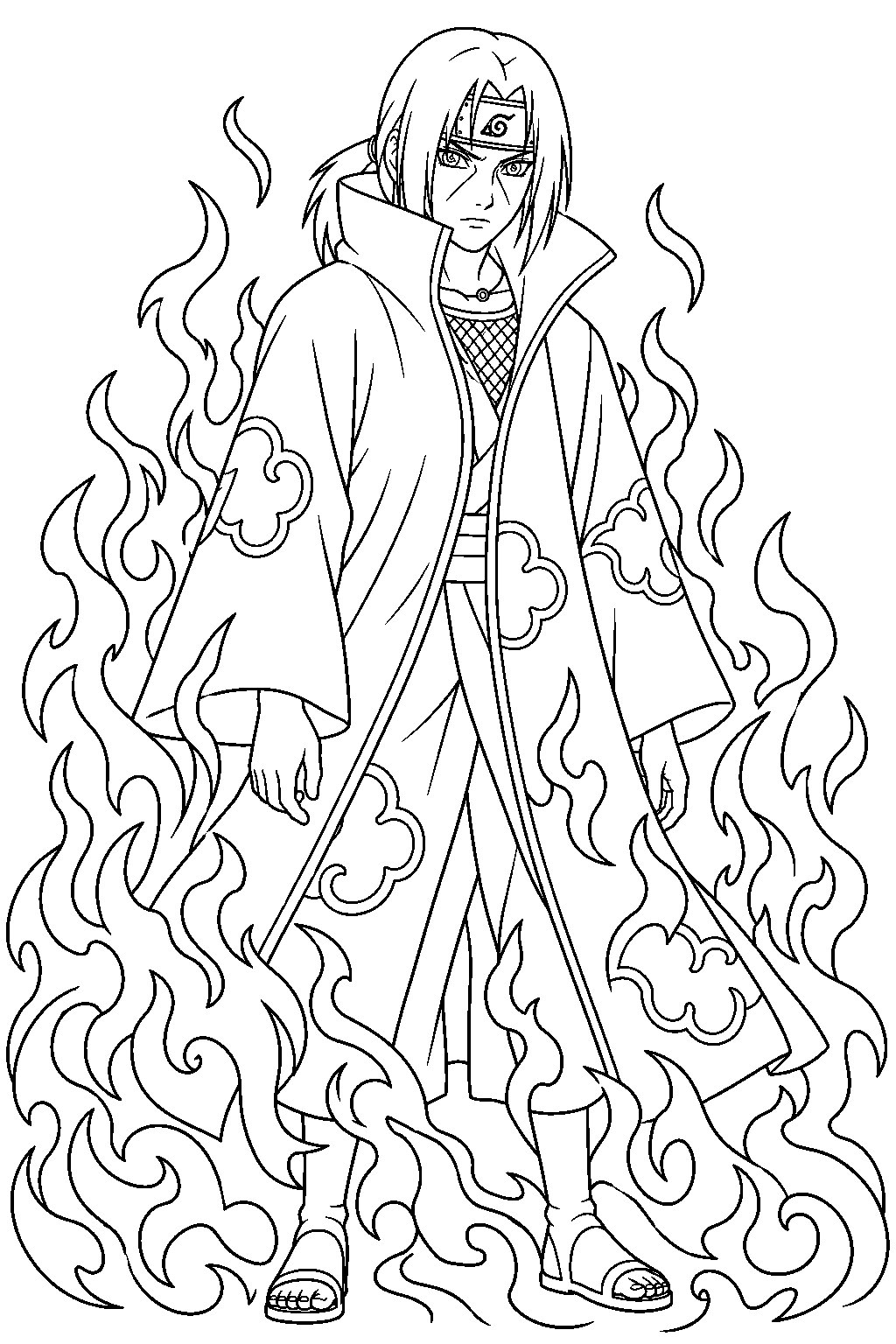itachi uchiha activating amaterasu with his mangekyou sharingan line art
