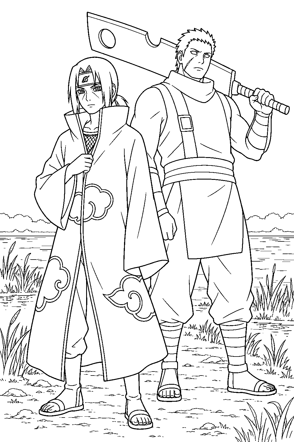 itachi uchiha and juzo preparing for a mission in the land of water line art