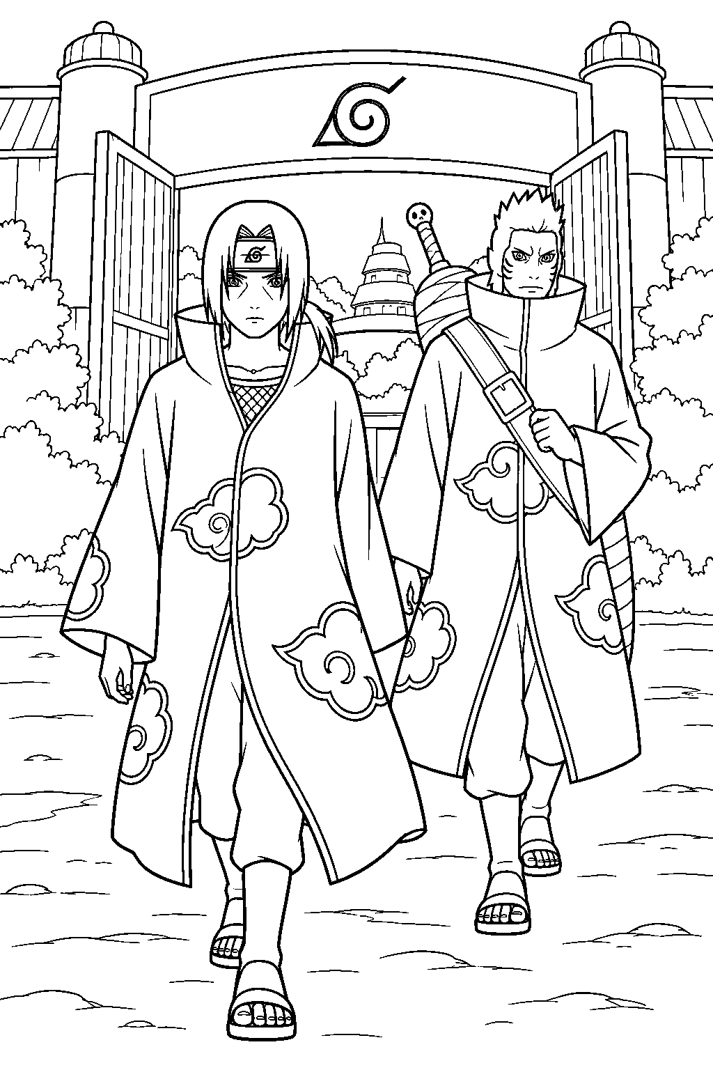 itachi uchiha and kisame arriving at the hidden leaf village line art