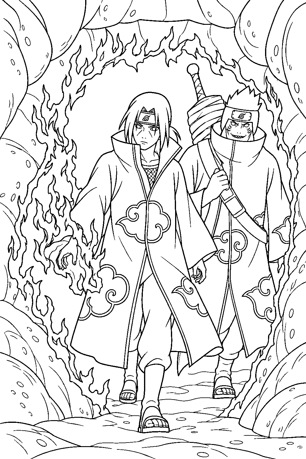 itachi uchiha and kisame escaping jiraiya s toad trap with amaterasu line art