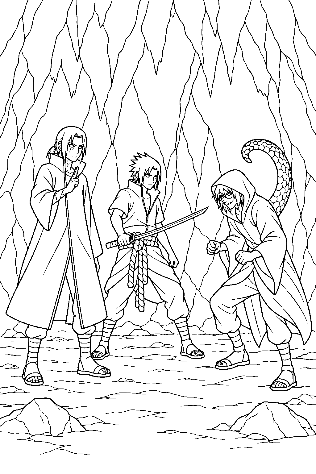 itachi uchiha and sasuke fighting kabuto in his cave line art