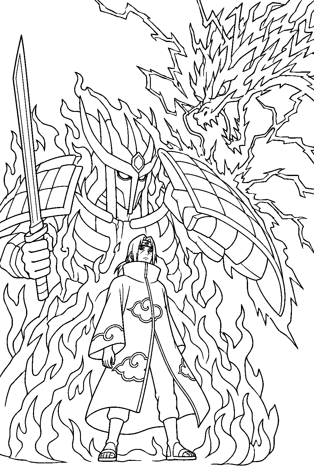 itachi uchiha blocking sasuke s kirin with susanoo line art