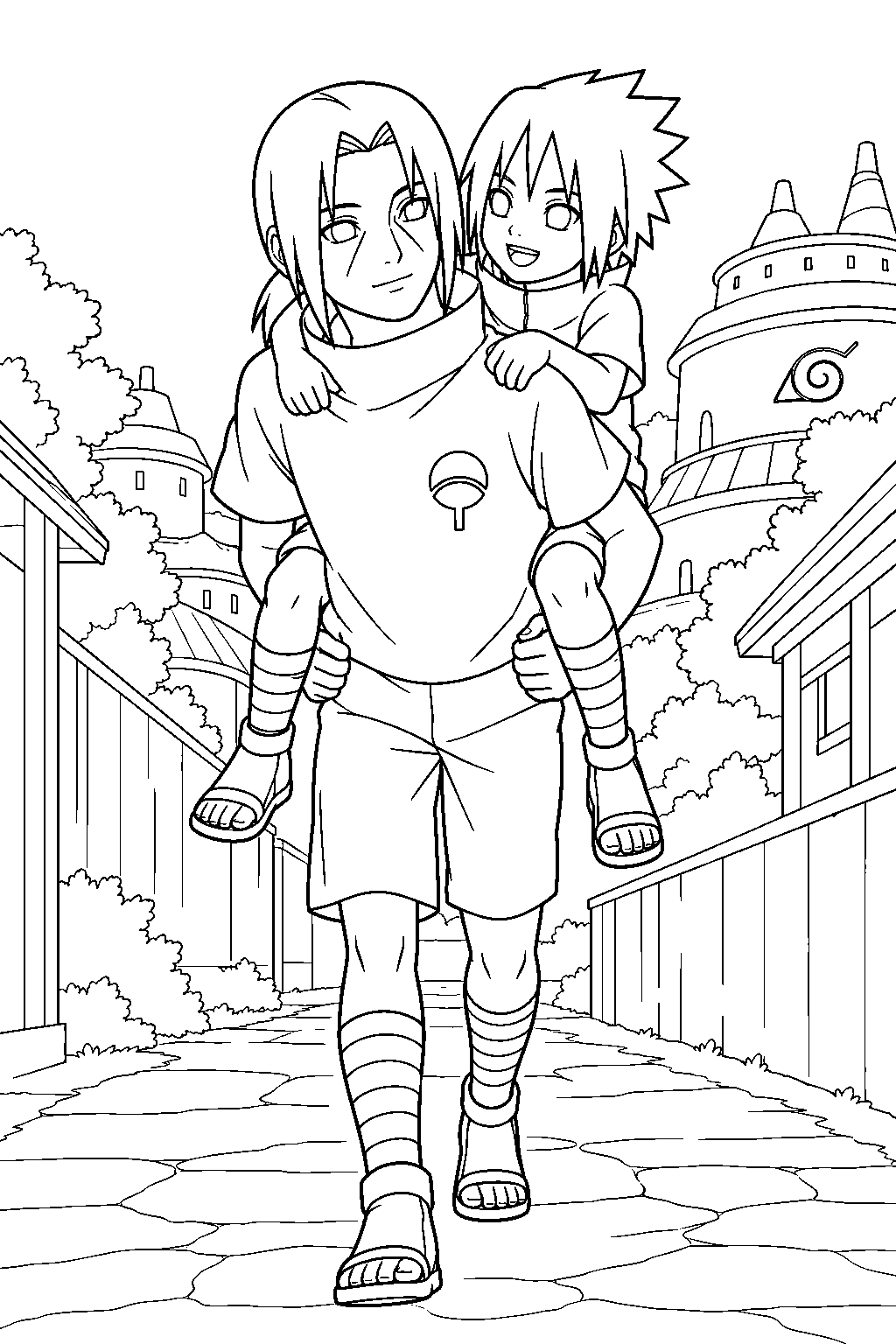 itachi uchiha carrying young sasuke on his back line art