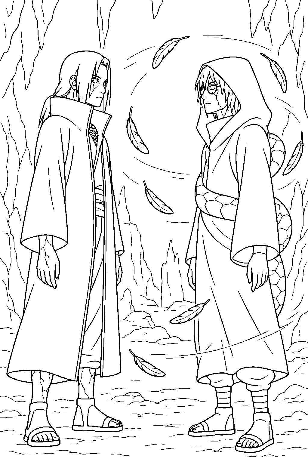 itachi uchiha casting izanami with falling crow feathers around kabuto line art