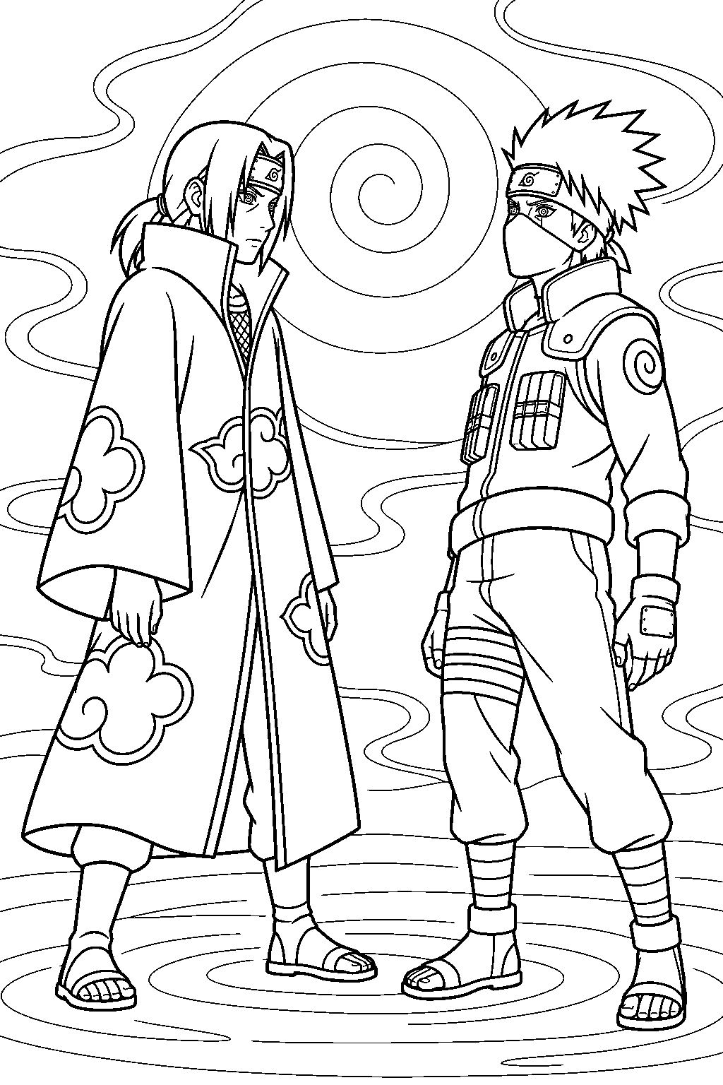 itachi uchiha casting tsukuyomi on kakashi in an illusion world line art