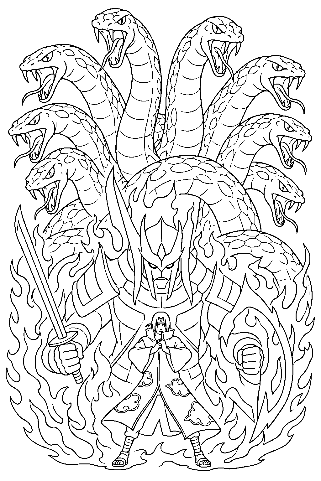 itachi uchiha confronting orochimaru s eight headed serpent with susanoo line art