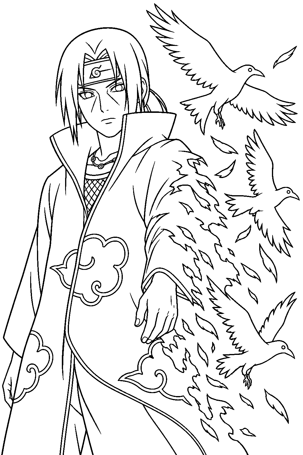 itachi uchiha dissolving into a flock of crows line art