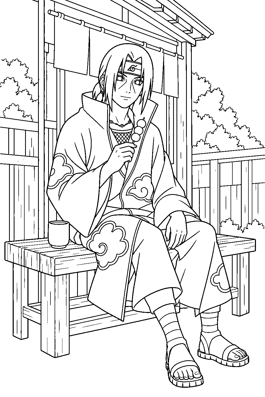 itachi uchiha eating dango outside a hidden leaf tea shop line art