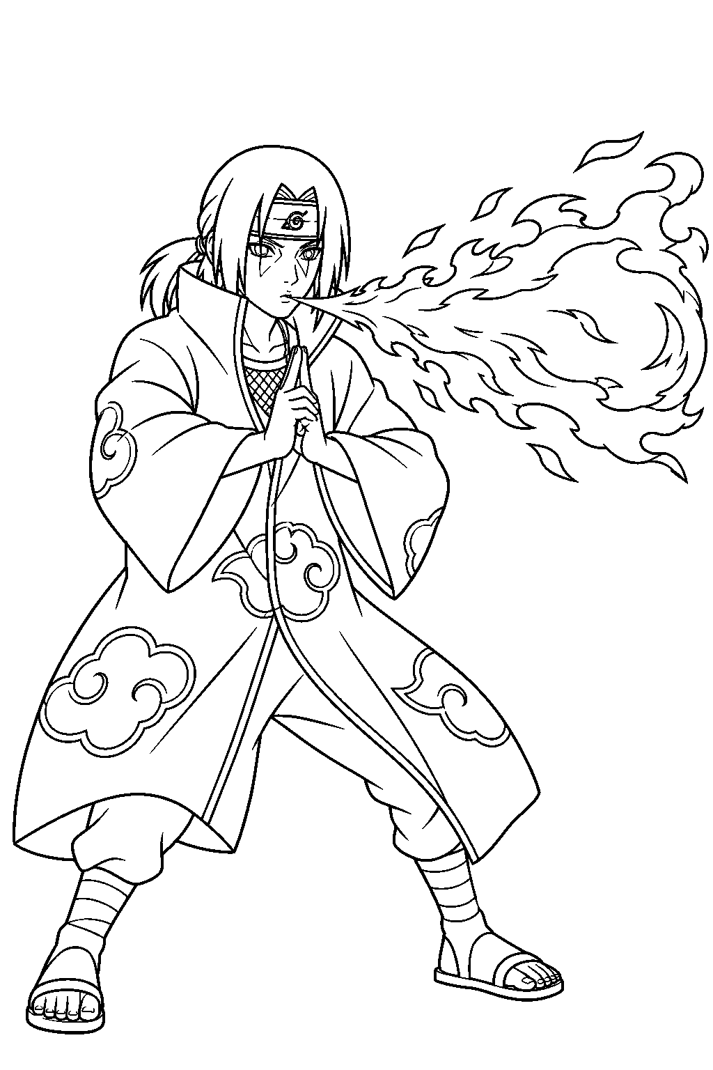 itachi uchiha forming hand signs for fireball jutsu line art
