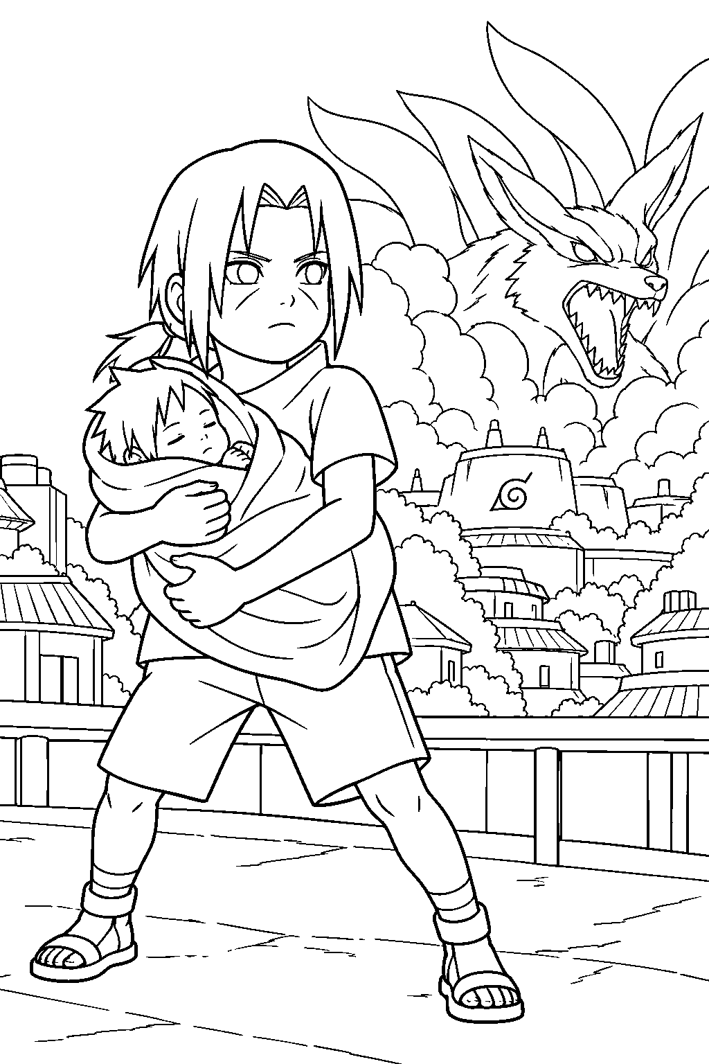 itachi uchiha holding baby sasuke during the nine tails attack line art