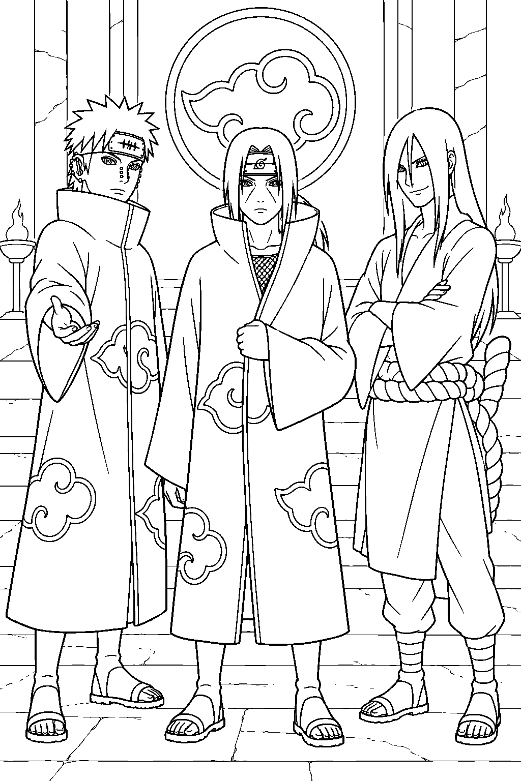 itachi uchiha joining the akatsuki as pain and orochimaru welcome him line art