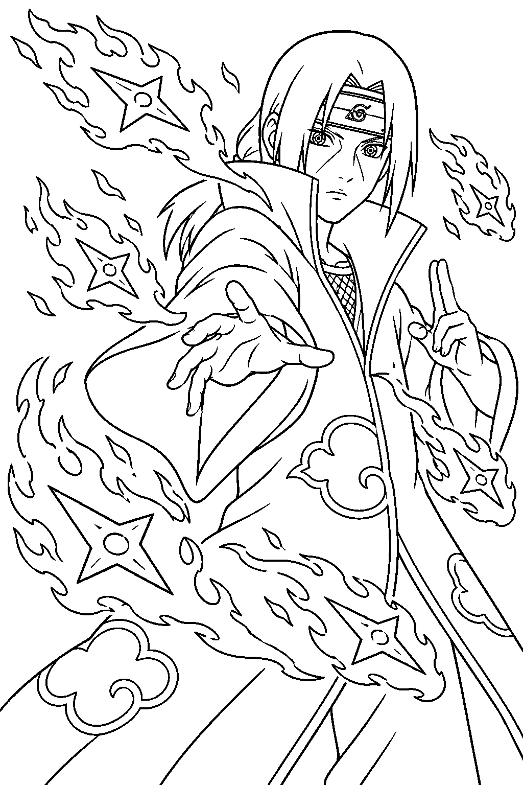itachi uchiha launching phoenix flower jutsu with shuriken line art