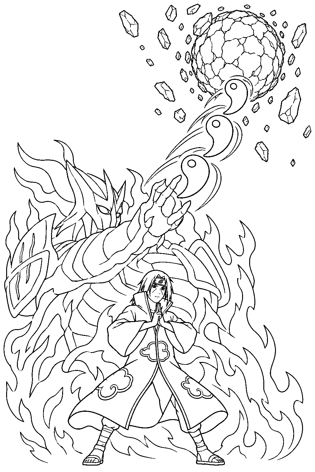itachi uchiha launching yasaka beads at chibaku tensei line art