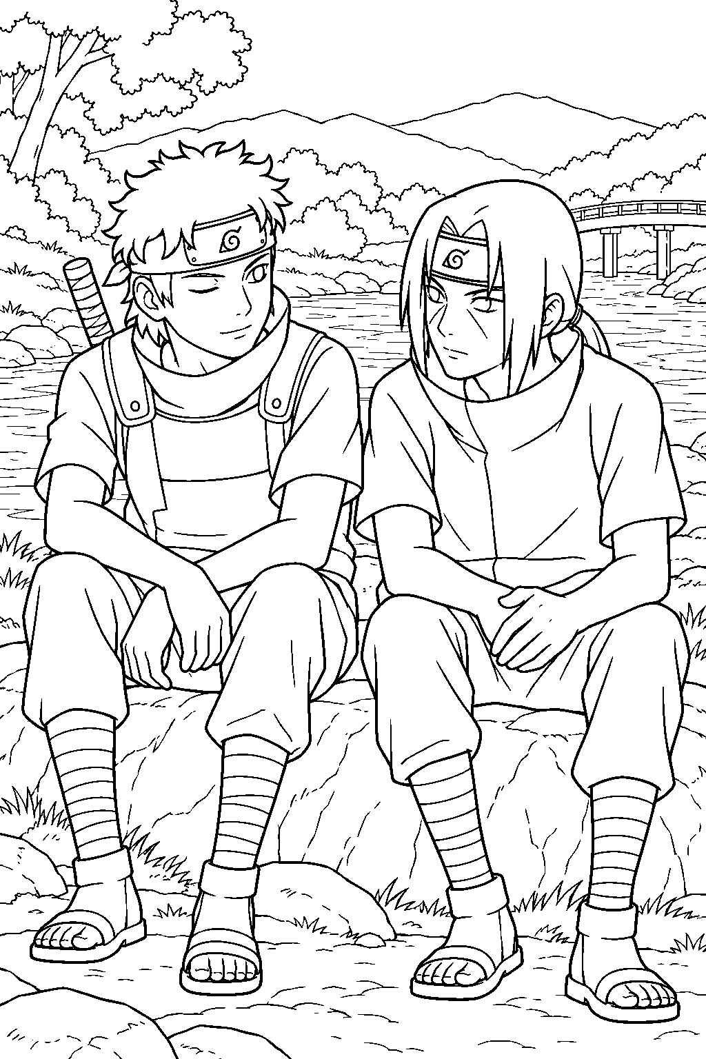 itachi uchiha listening to shisui s final request beside the river line art