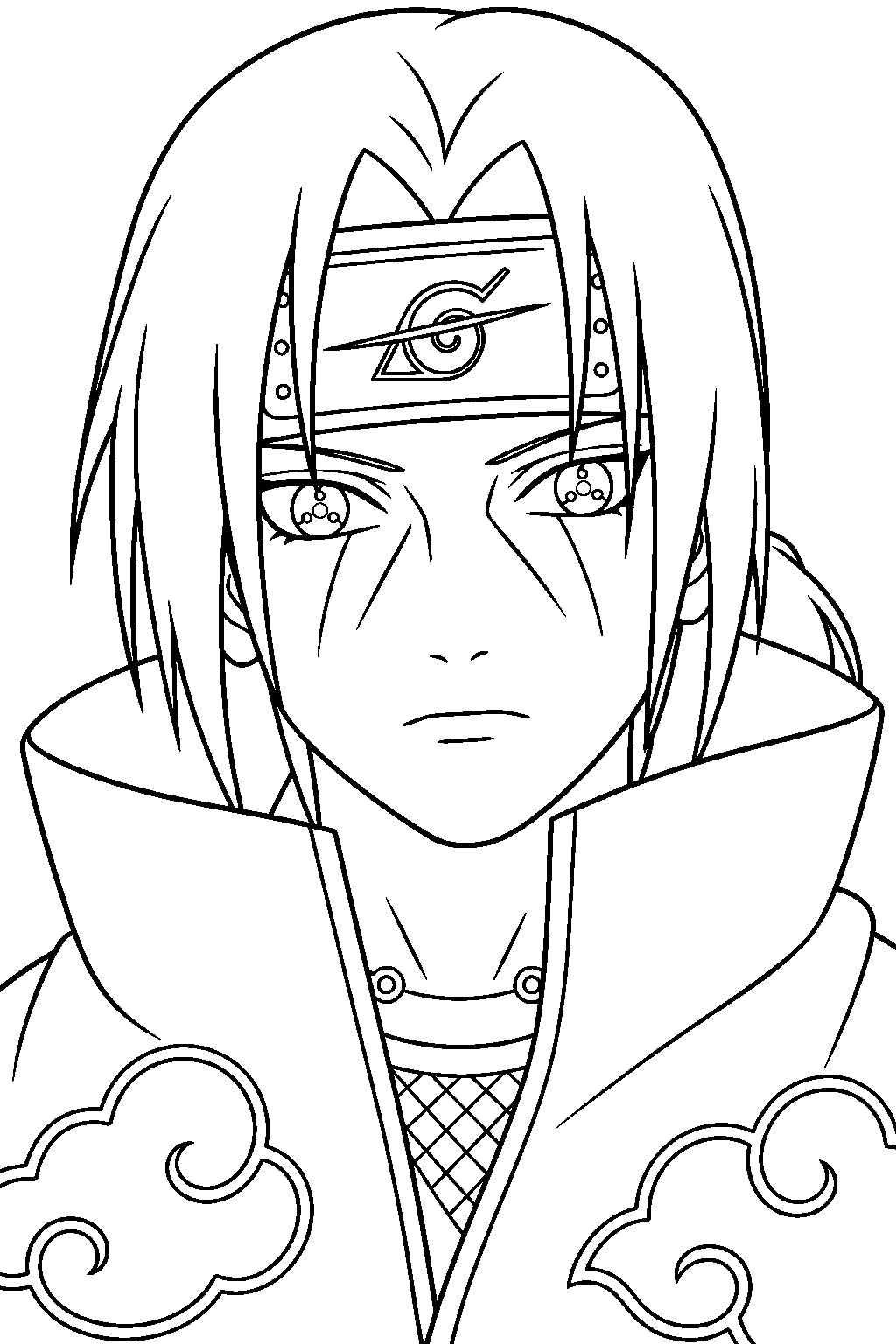 itachi uchiha portrait with sharingan eyes and a scratched leaf headband line art