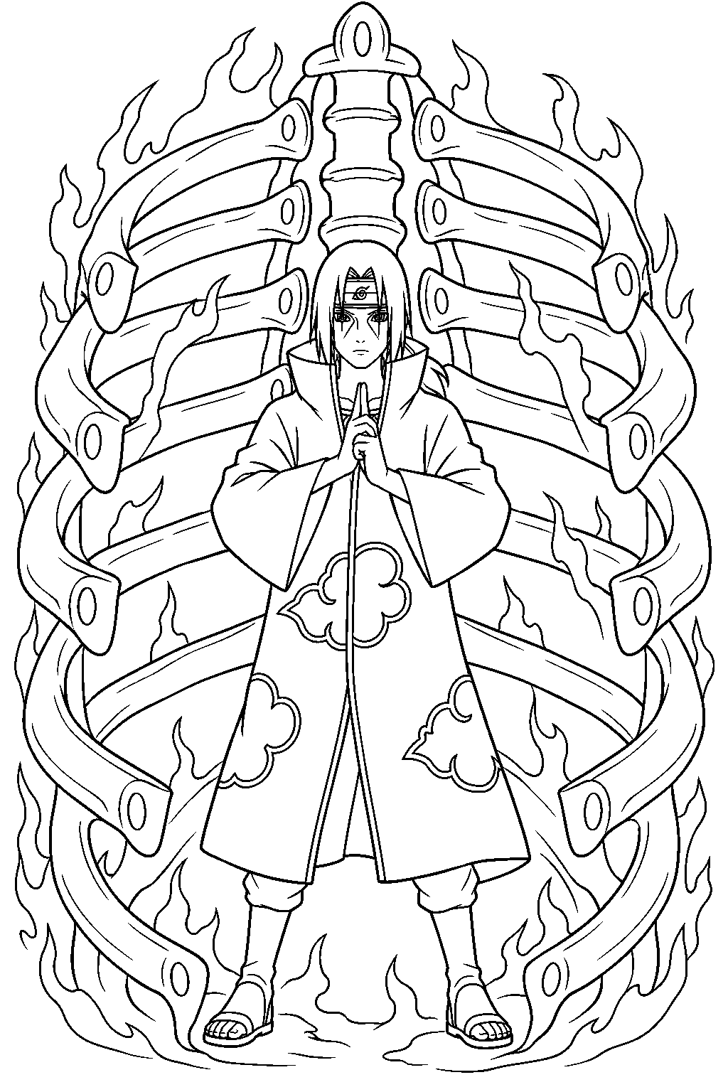 itachi uchiha protected by the ribcage of his susanoo line art
